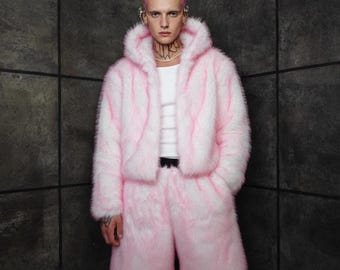 Abrigo de piel luminoso, gabardina bicolor rosa caramelo, chaqueta de fiesta de lujo, bomber esponjoso para rave, abrigo estilo festival Burner, estilo grunge alternativo, abrigo de playa.