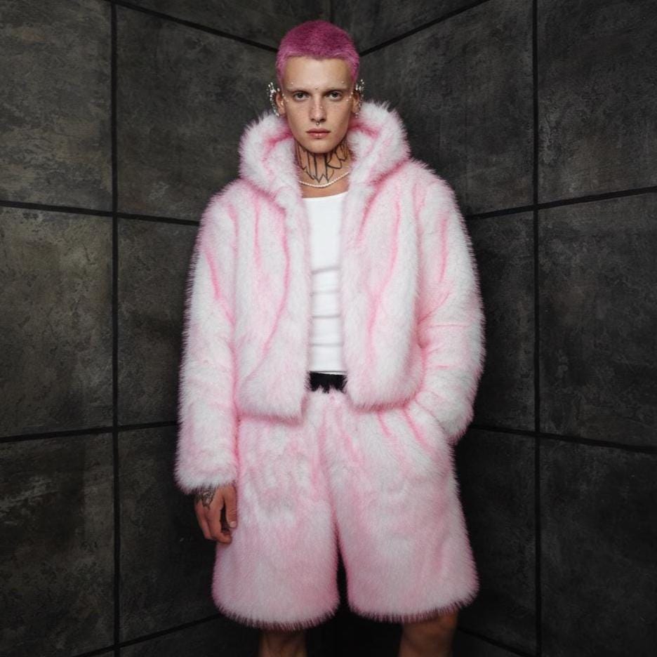 Luminous Pink White Faux Fur Cropped Trench, Candy Two Tone Shaggy