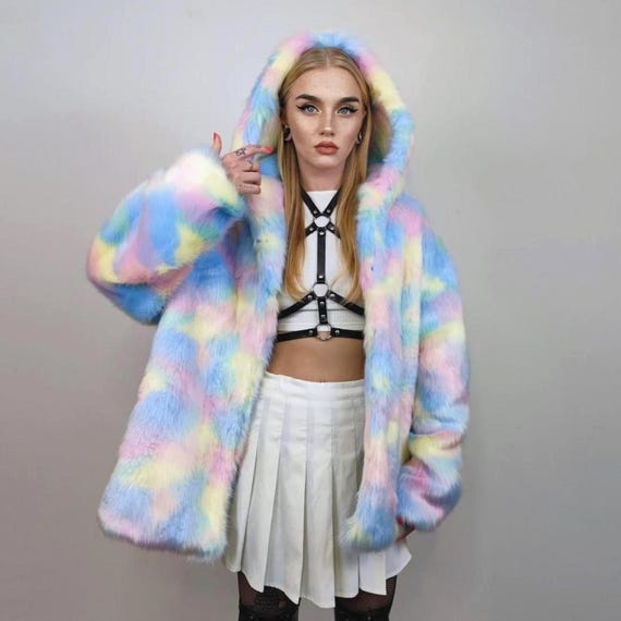Hooded Faux Fur Unicorn Jacket, Rainbow Bomber, Pastel Raver Coat