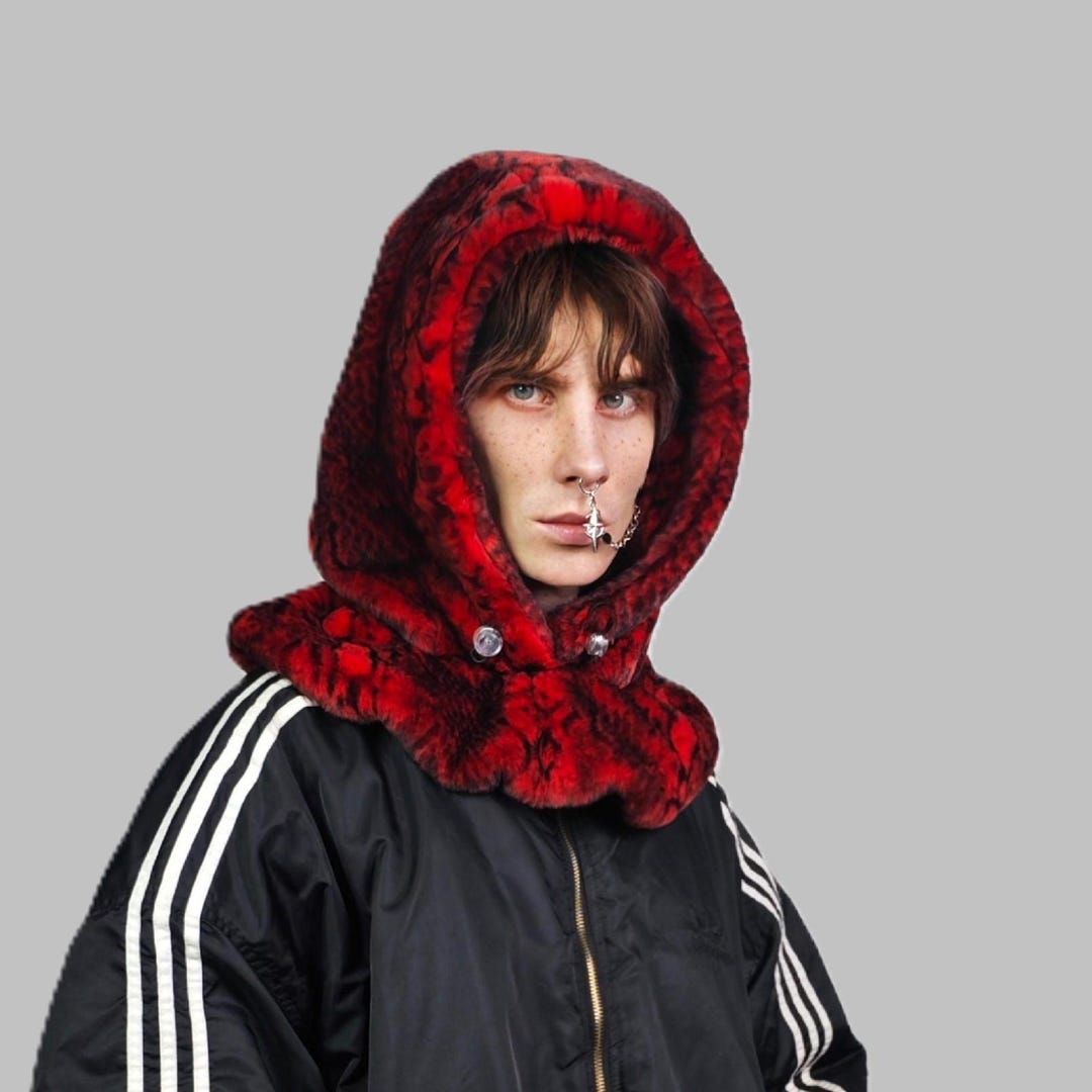 Snake Print Hood Red Faux Fur Snood Handmade Hooded Hat Python Cap ...