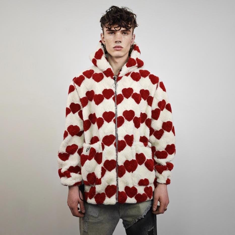 Heart Fleece Coat Pink, Long Hooded Love Pattern Jacket, Cream