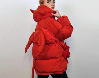 Devil wings jacket red horn hooded bomber retro anime puffer quilted Harajuku puffer wide fit Kawaii outwear grunge Korean varsity