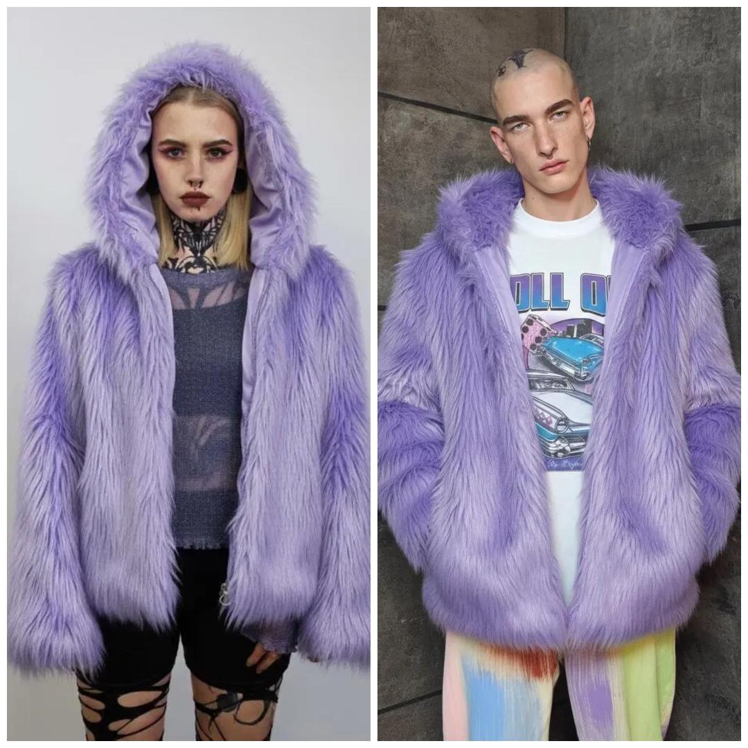Black Shaggy Faux Fur Coat, Collarless Cropped Rave Jacket