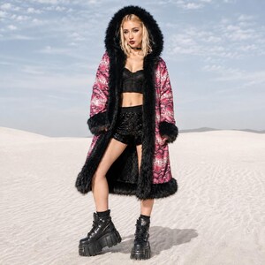 Red Python Sequin Duster, Sparkly Snake Print Playa Coat, Two Sided Reversible Hooded Faux Fur Cloak, Glitter Desert Rave Outfit