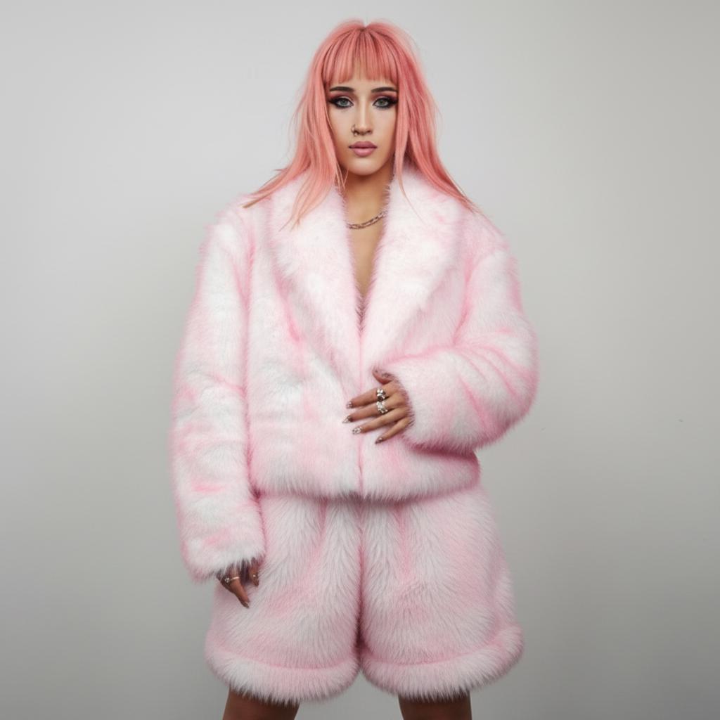 Luminous Pink White Faux Fur Cropped Trench, Candy Two Tone Shaggy