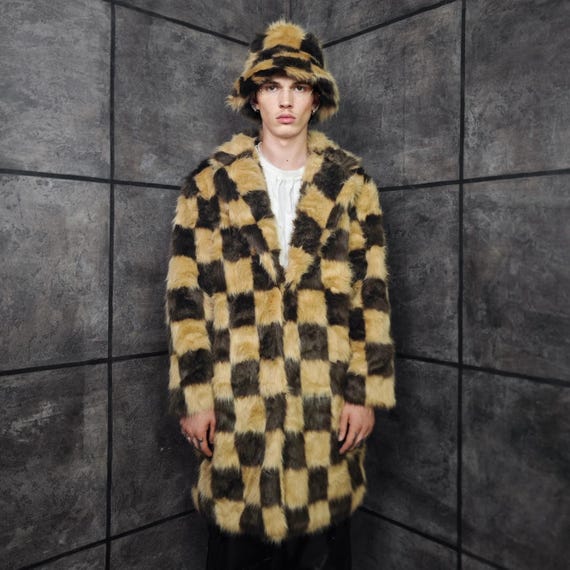 Checkered Faux Fur Coat Brown Checked Fluffy Festival Trench Fuzzy