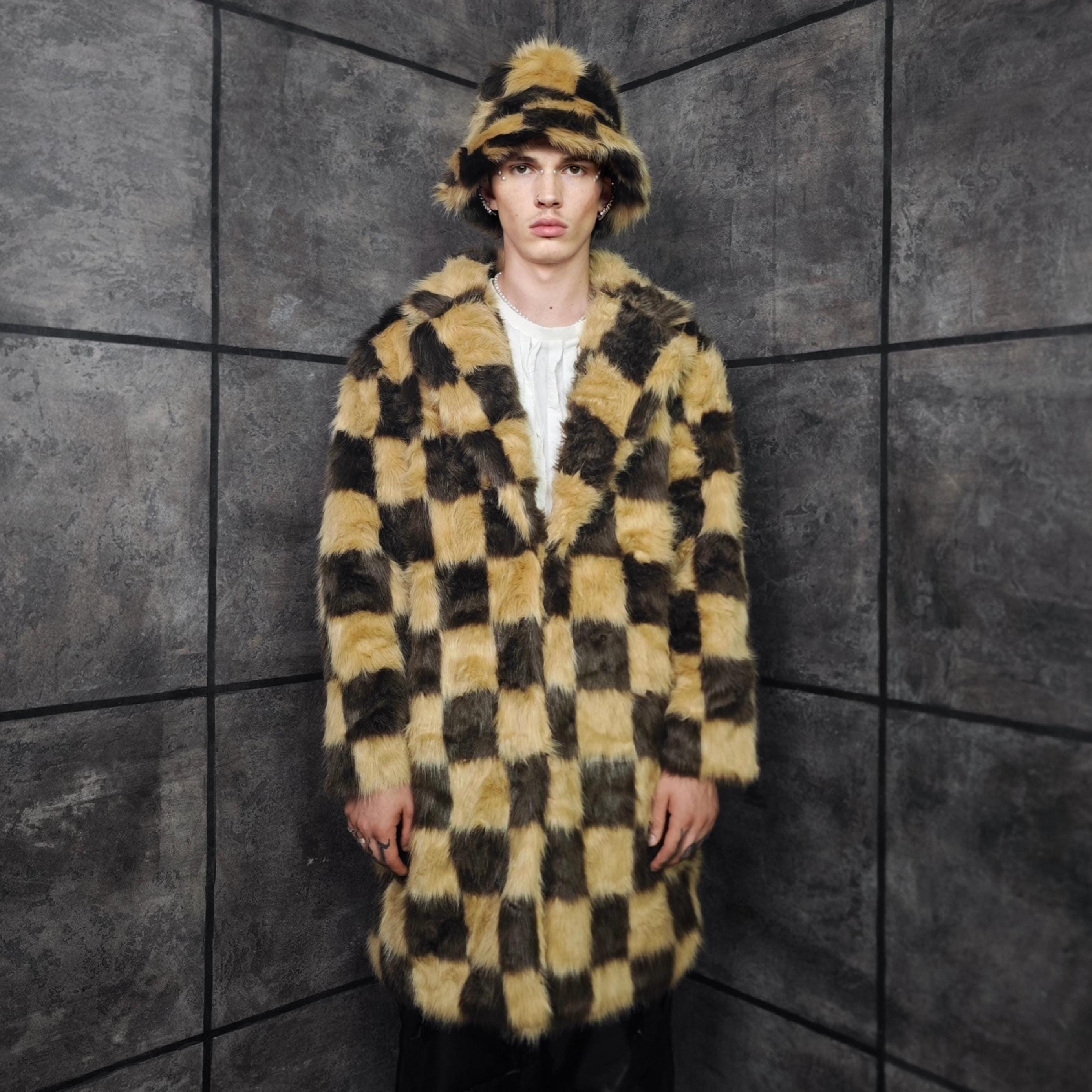 Checkered Faux Fur Coat Brown Checked Fluffy Festival Trench Fuzzy