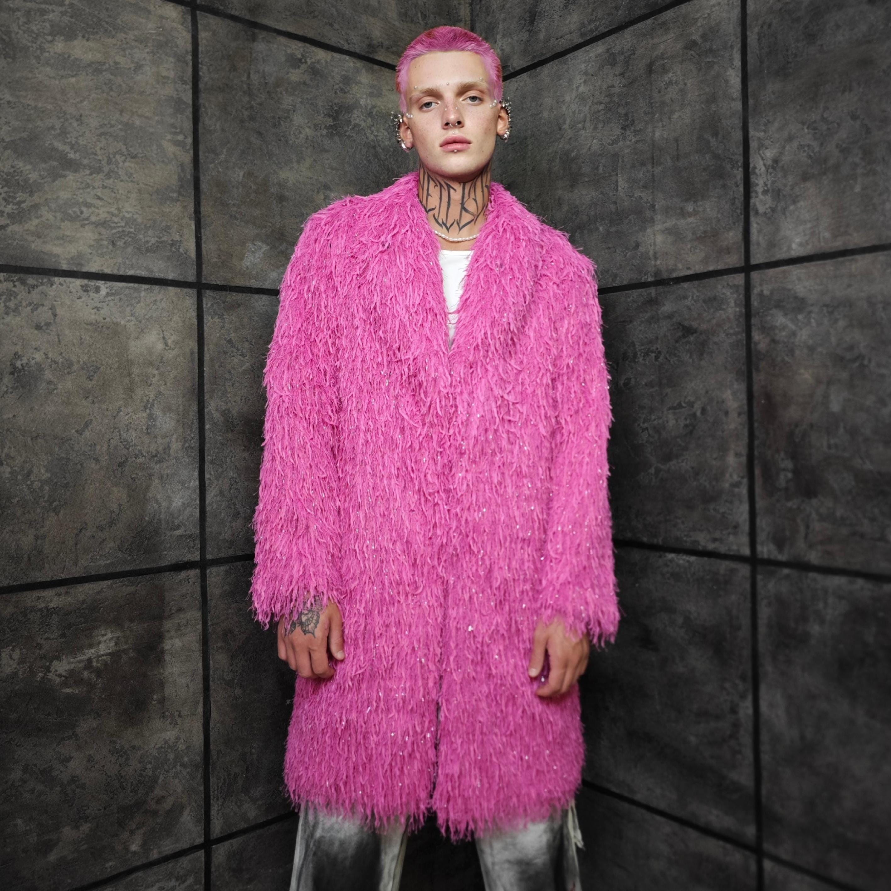 Intense Pink Shaggy Faux Fur Trench Coat, Rave Festival Outerwear