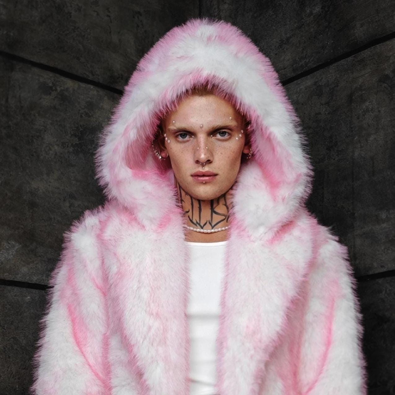 Luminous Pink White Faux Fur Cropped Trench, Candy Two Tone Shaggy