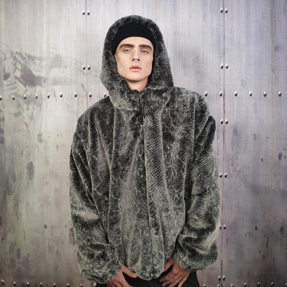 Snake Jacket Black Gray, Faux Fur Hoodie, Vintage Python Hooded