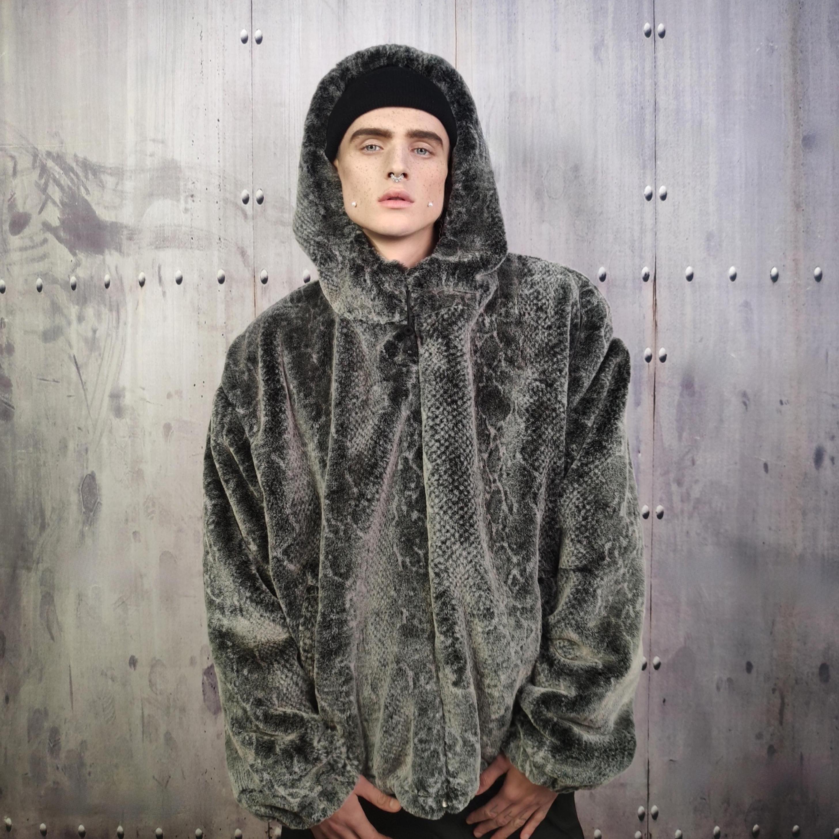 Snake Jacket Black Gray, Faux Fur Hoodie, Vintage Python Hooded