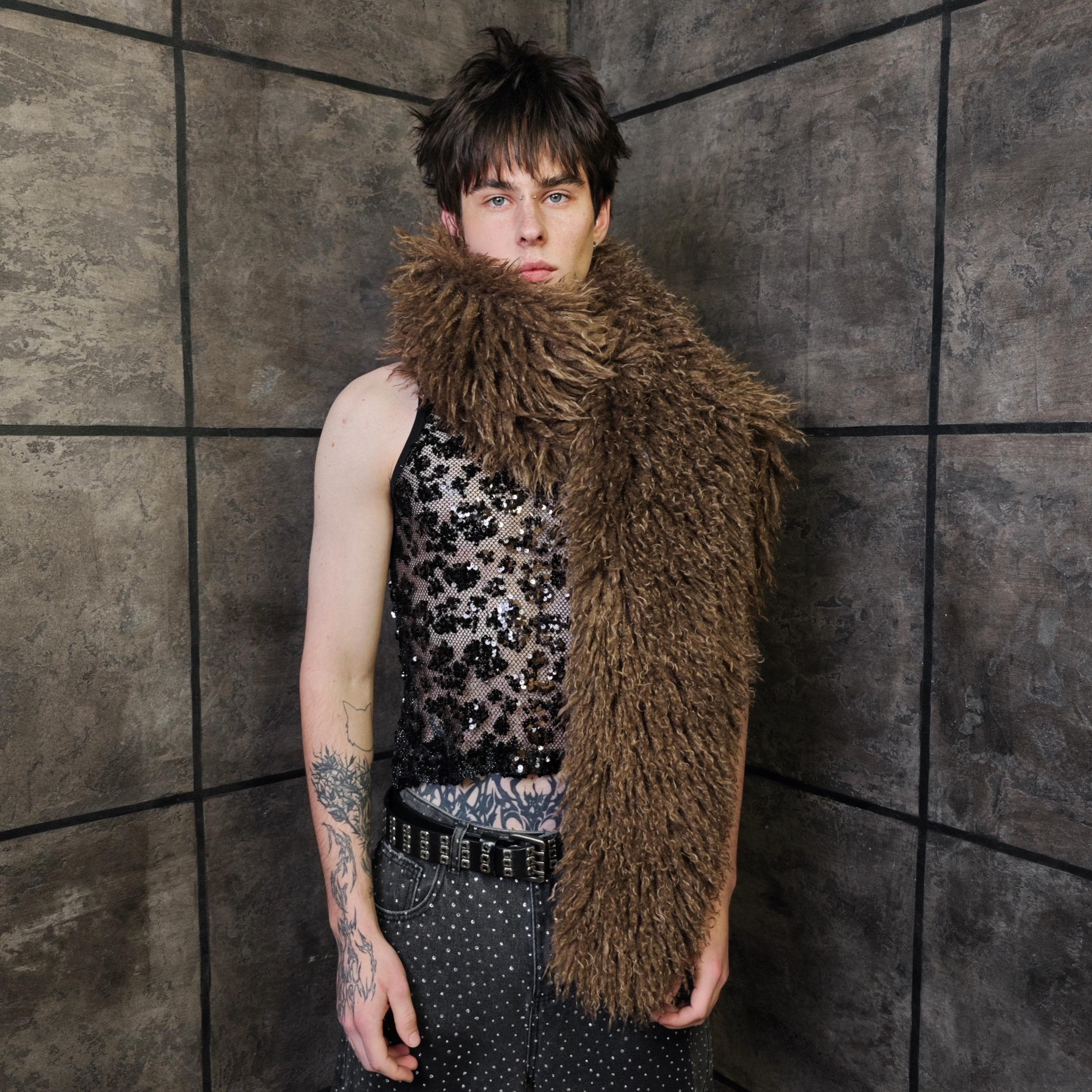 Brown Shaggy Faux Fur Scarf, 2m Extra Long Mongolian Stole, Unisex