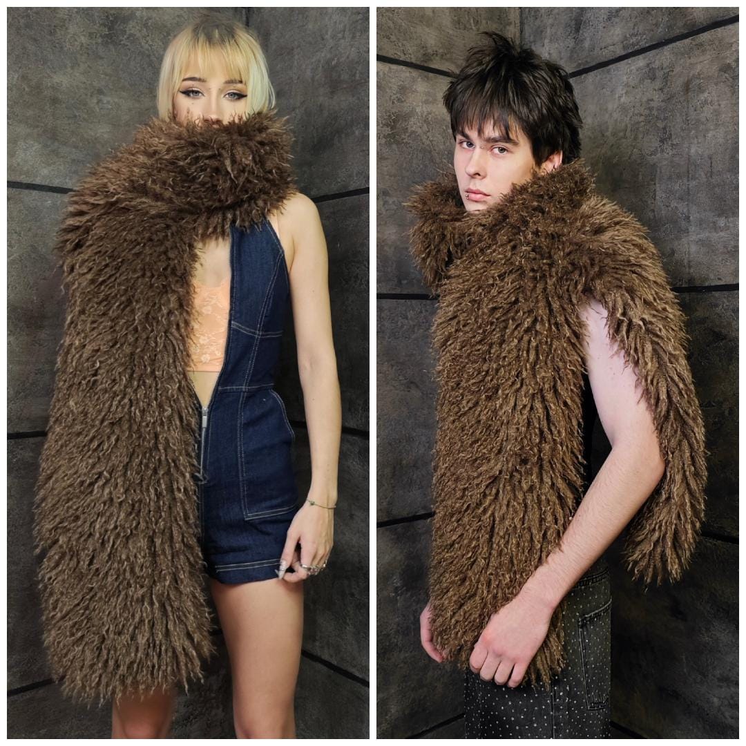 Brown Shaggy Faux Fur Scarf, 2m Extra Long Mongolian Stole, Unisex