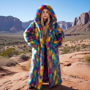 May include: A long, hooded faux fur coat in a vibrant rainbow of colours, including blue, yellow, orange, and purple. The coat has a full length and is worn outdoors against a desert landscape.