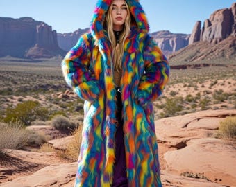 Manteau psychédélique en fausse fourrure arc-en-ciel des années 70, survêtement tendance glam désert à capuche longueur sol, veste rave bleue sur mesure