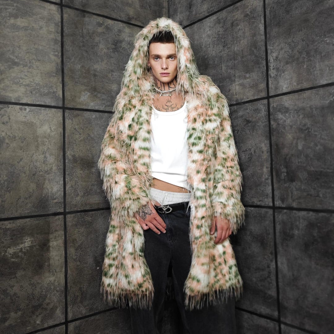 Shaggy Hooded Leopard Faux Fur Coat Green Pink Extravagant Fluffy