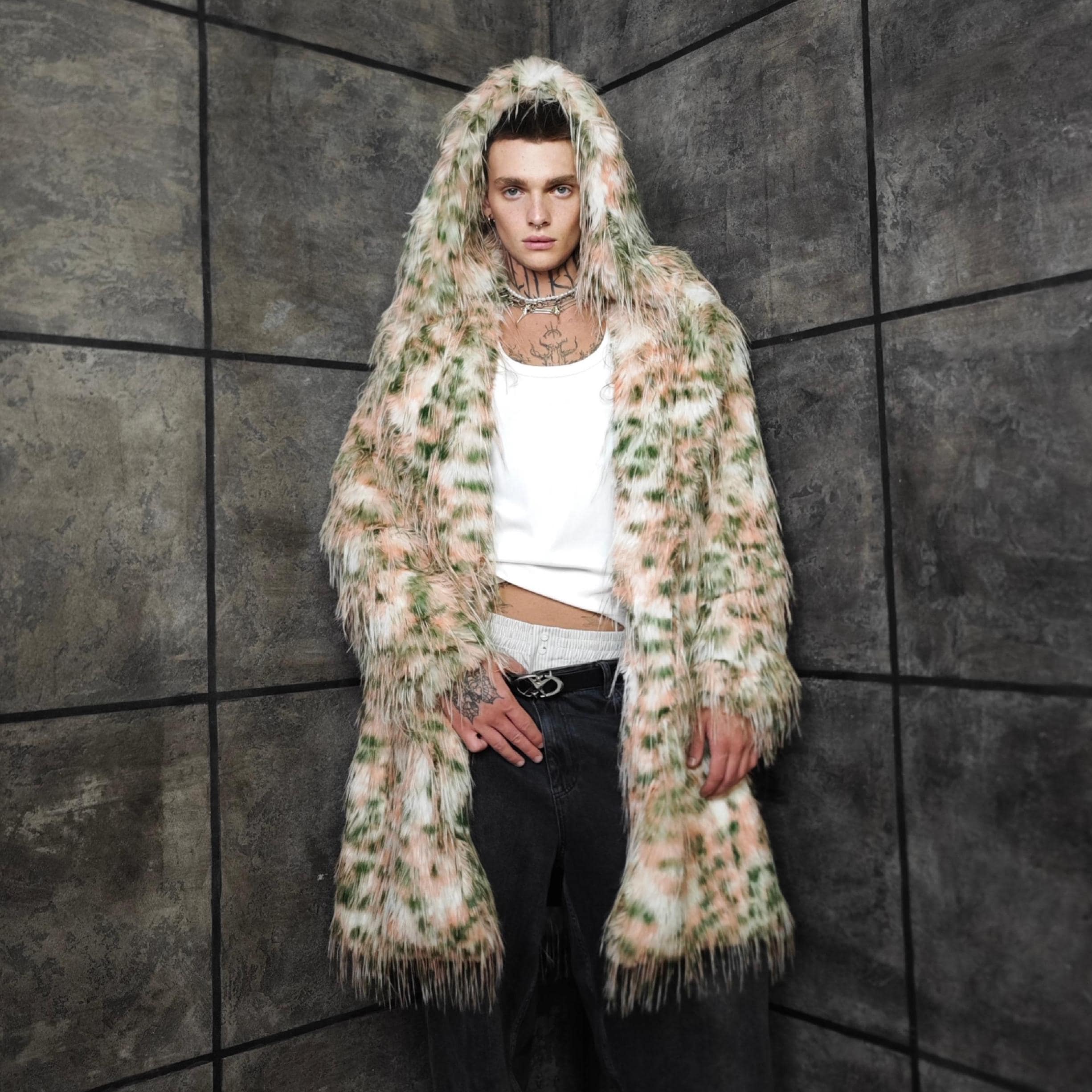 Shaggy Hooded Leopard Faux Fur Coat Green Pink Extravagant Fluffy