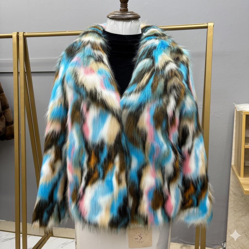 Psychedelic Black Faux Fur Coat, 90s Trench, Neon Rave Bomber