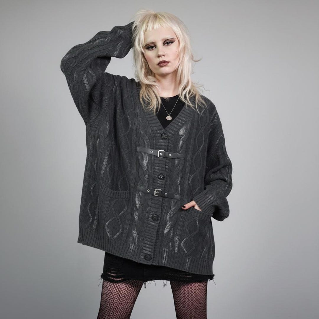 Utility Cardigan Black Oil Wash, PU Leather Buckle Shrug, Unisex