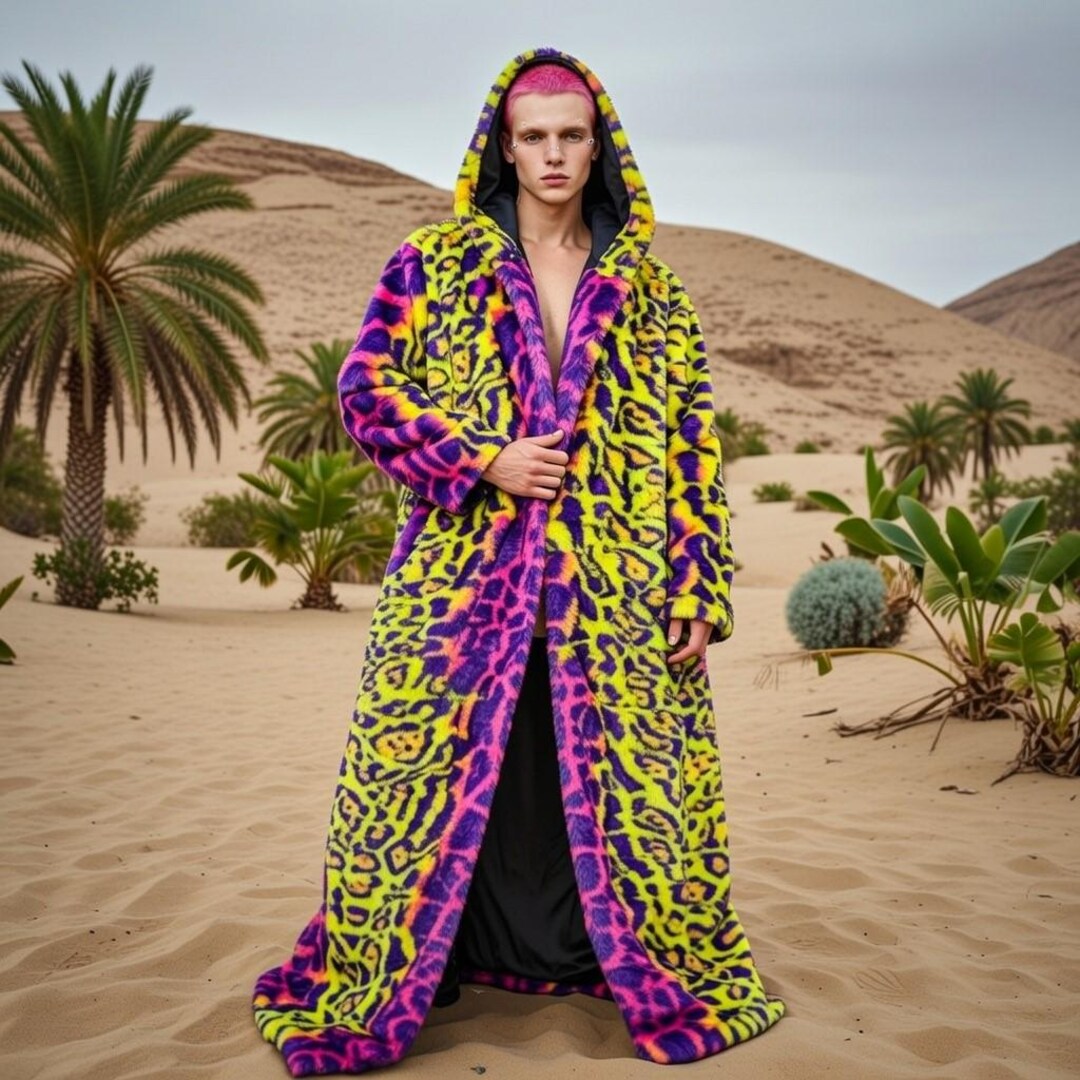 Neon Leopard Faux Fur Hooded Coat, Floor Length Animal Print Rave ...