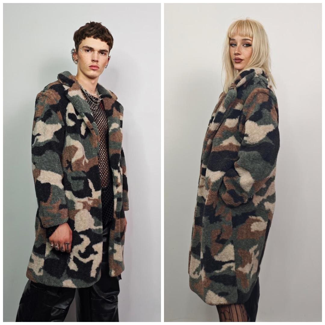 ジャケット・アウター AKM WOOL CAMO DUFFLE COAT Camo Teddy Fleece Trench Coat, Hooded Military Style Outerwear