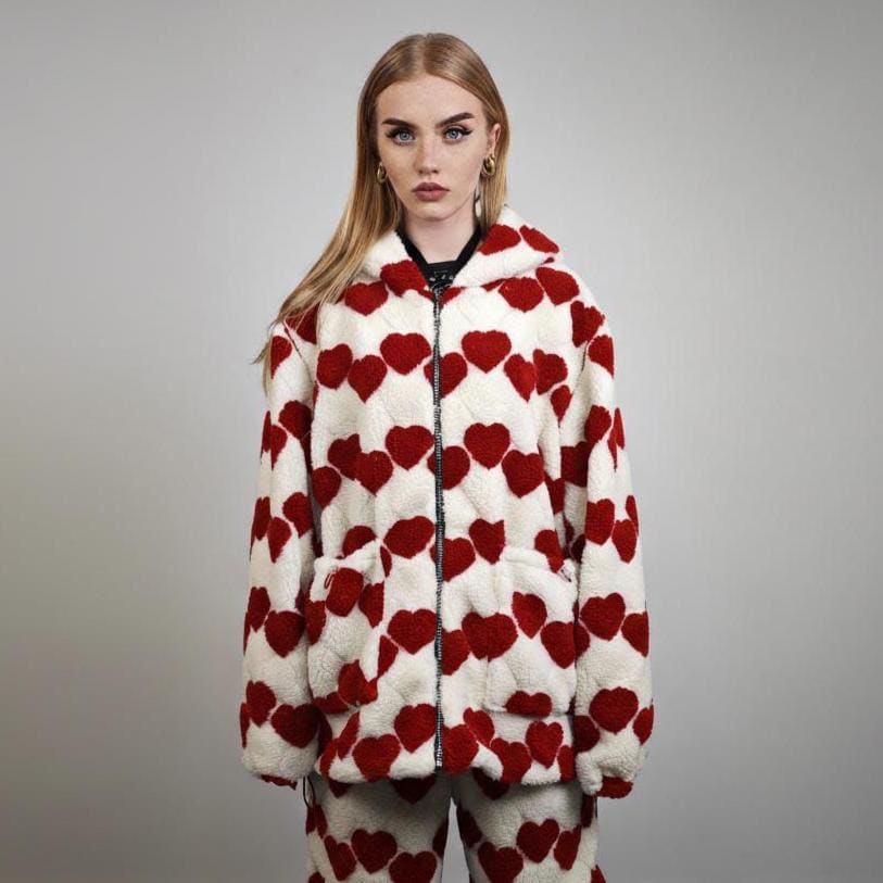 Heart Fleece Coat Pink, Long Hooded Love Pattern Jacket, Cream