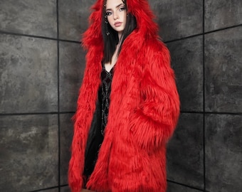 Luxury Men's Scandinavian Oversized Cherry Red Fox Fur Coat Full
