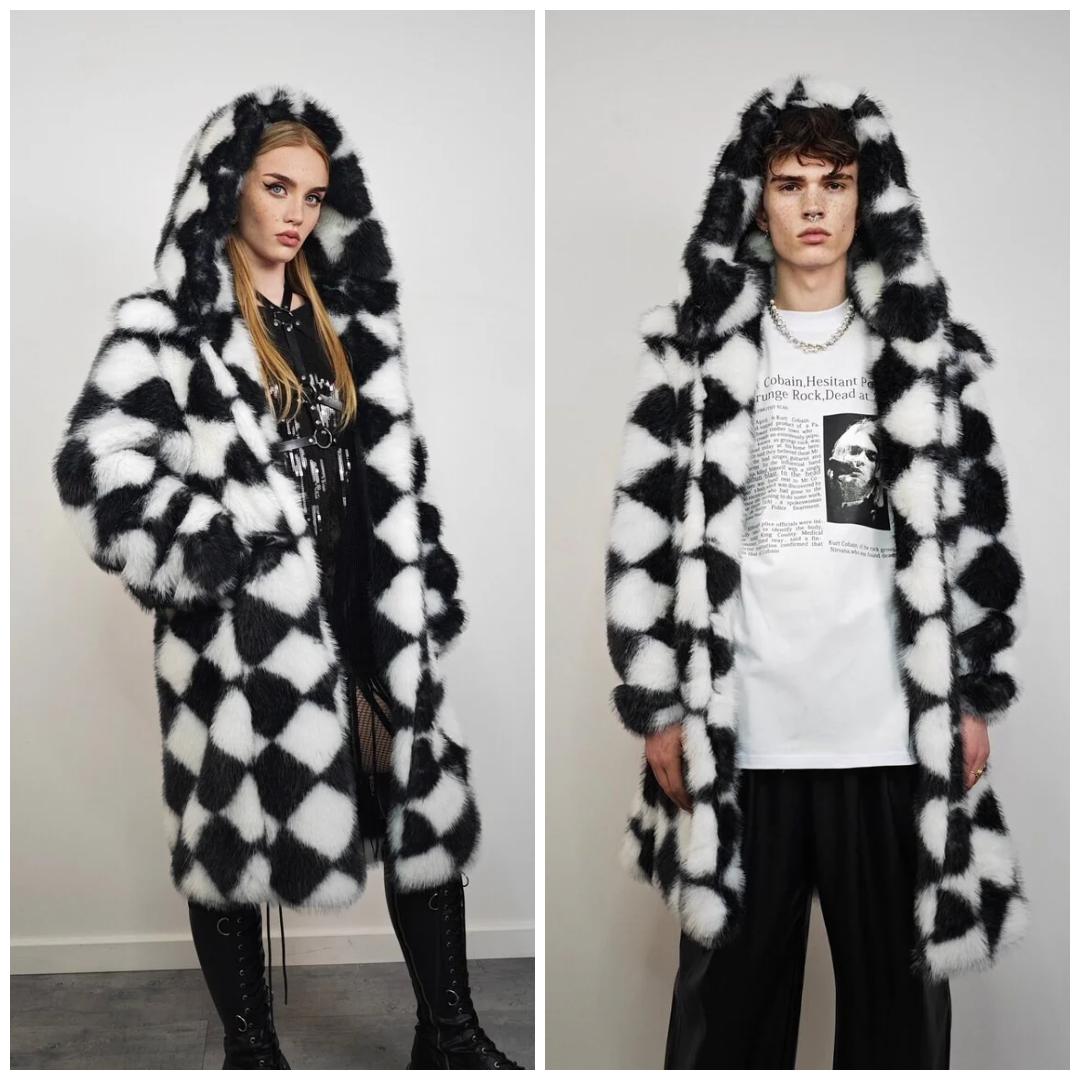 Diamond Pattern Cropped Fur Coat Checked Short Trench Rhombus Goth