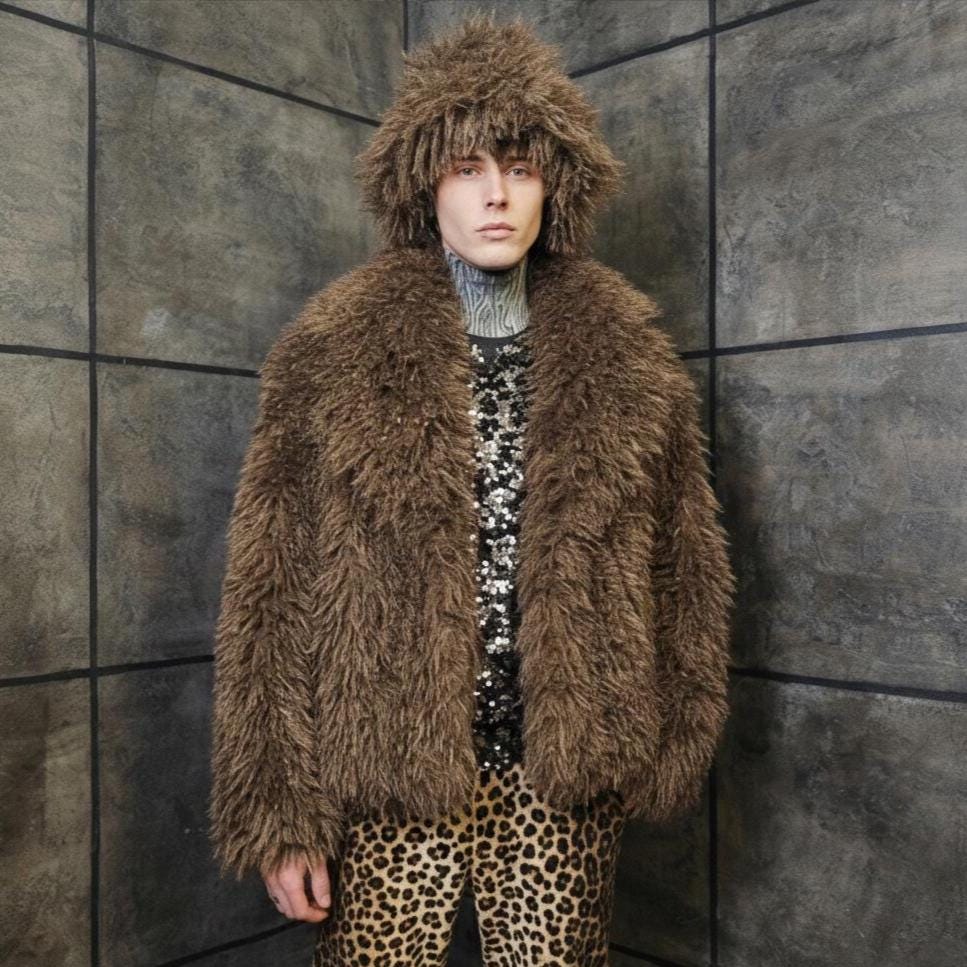 Brown Shaggy Faux Fur Jacket, Short Mongolian Style Coat, Y2K