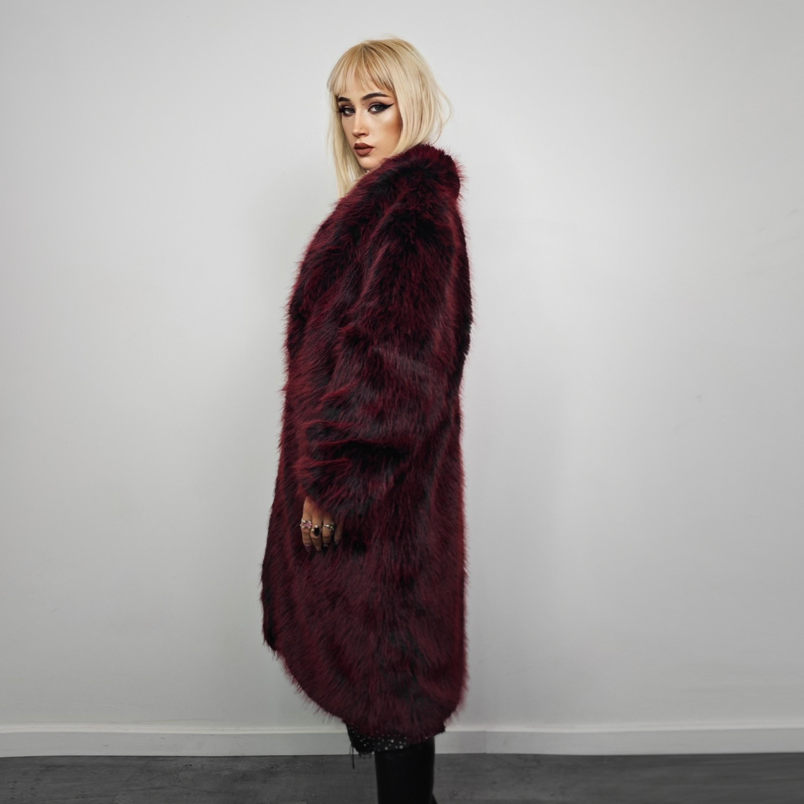 Luminous Dark Red Faux Fur Coat Shaggy Oversize Trench Unisex