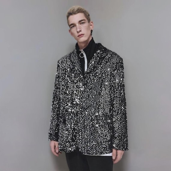 slim fit dress slacks Miss Circle Silver Night Black Sequin Crepe Tuxedo Blazer Dress S main image 1