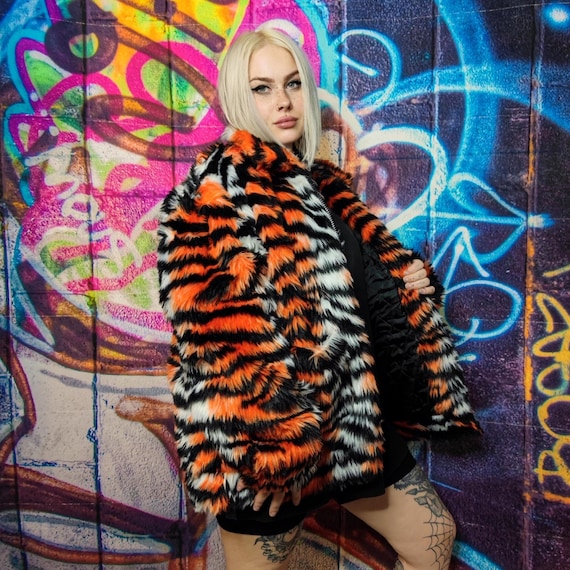 Tiger Faux Fur Jacket White Fluffy Animal Print Bomber Festival