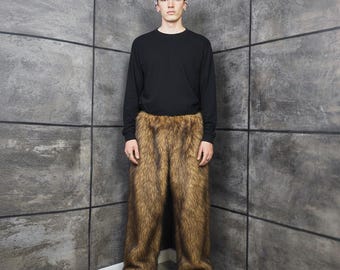 Brown Faux Fur Shaggy Trousers, Unisex Statement Pants, Cozy