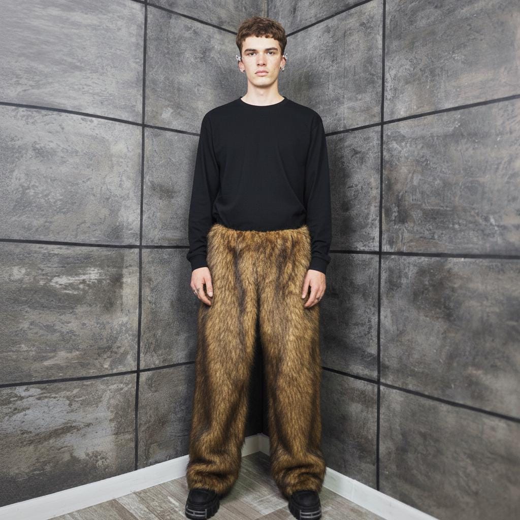 Brown Faux Fur Shaggy Trousers, Unisex Statement Pants, Cozy