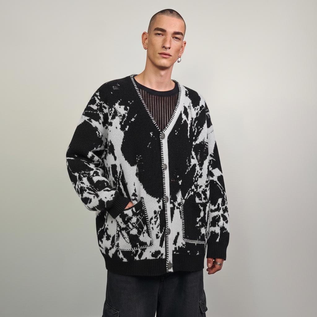 Abstract Pattern Cardigan, Grunge Bleach Dye Sweater, Unisex Alt