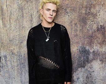 Black Sheer Ripped Sweater, See Through Goth Punk Jumper, Transparent Grunge Knit Top, Edgy Alt Pullover