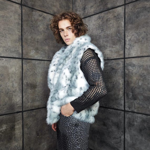 Bobcat Faux Fur Coat Gray White Luxury Fluffy Animal Print Trench