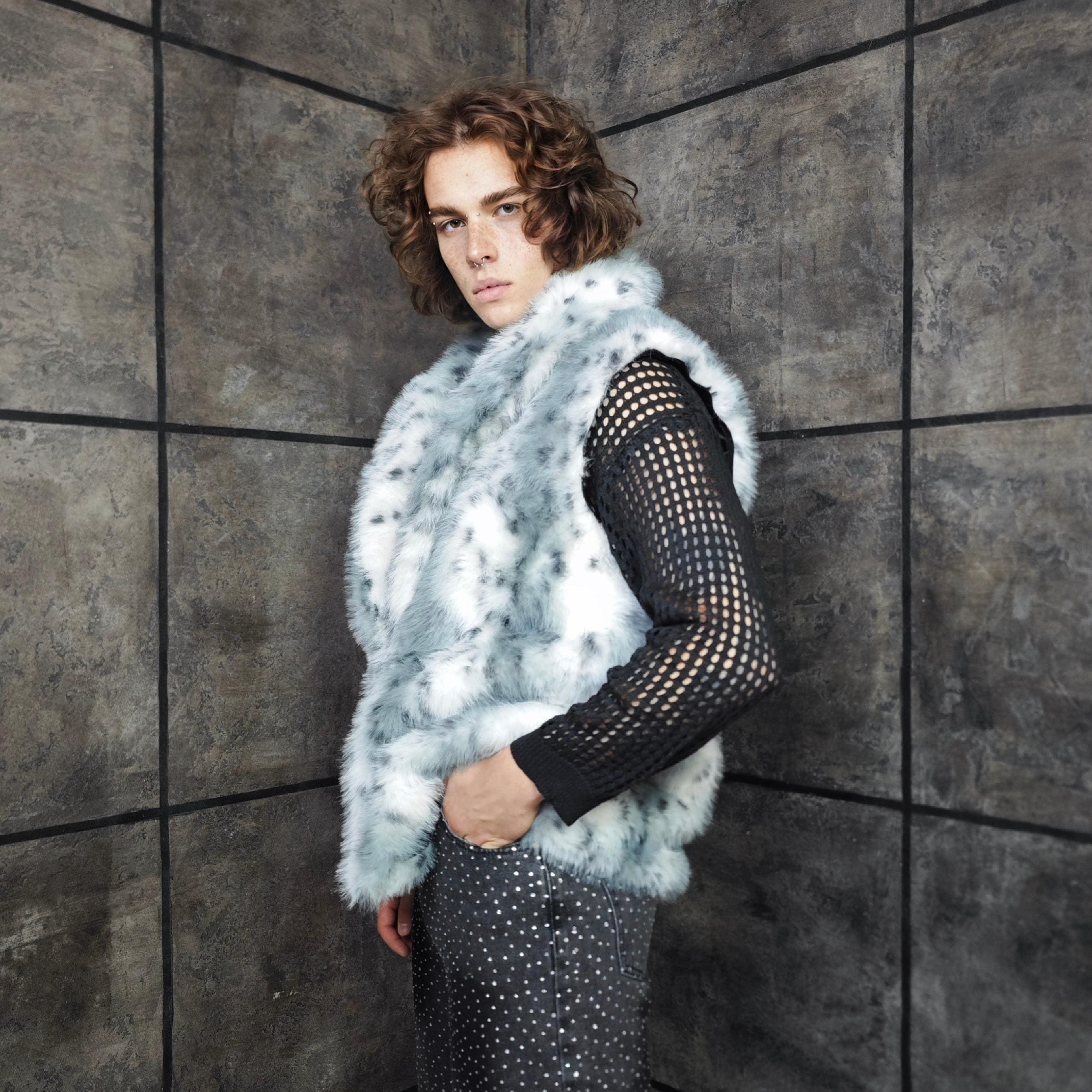 Bobcat Faux Fur Coat Gray White Luxury Fluffy Animal Print Trench