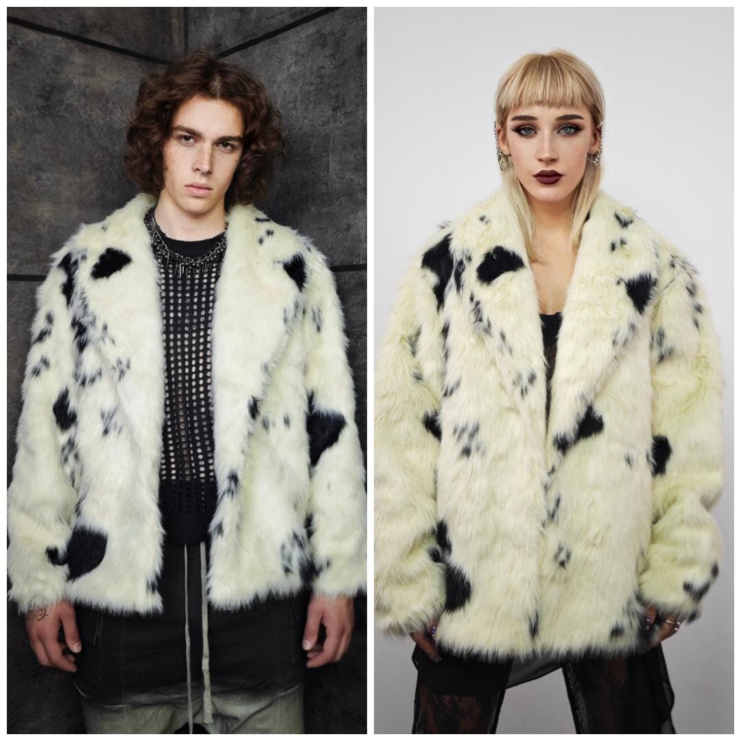 Dalmatian Print Faux Fur Coat Black White Spotted Trench Luxury