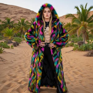 Könnte beinhalten: Ein langer Kapuzenmantel aus Kunstfell in einem lebendigen Muster aus Pink, Gelb, Grün und Schwarz. Der Mantel hat eine volle Länge und eine große Kapuze. Das Model trägt eine schwarze Hose und Stiefel. Der Hintergrund ist eine Wüstenlandschaft mit Palmen.