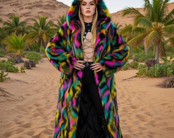 Disco Glam 70s Psychedelic Faux Fur Hooded Coat, Multicolor Floor Length Statement Outerwear