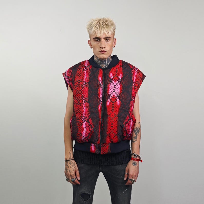 Snake print bomber red python jacket reversible college varsity detachable sleeves handmade grunge rocker coat