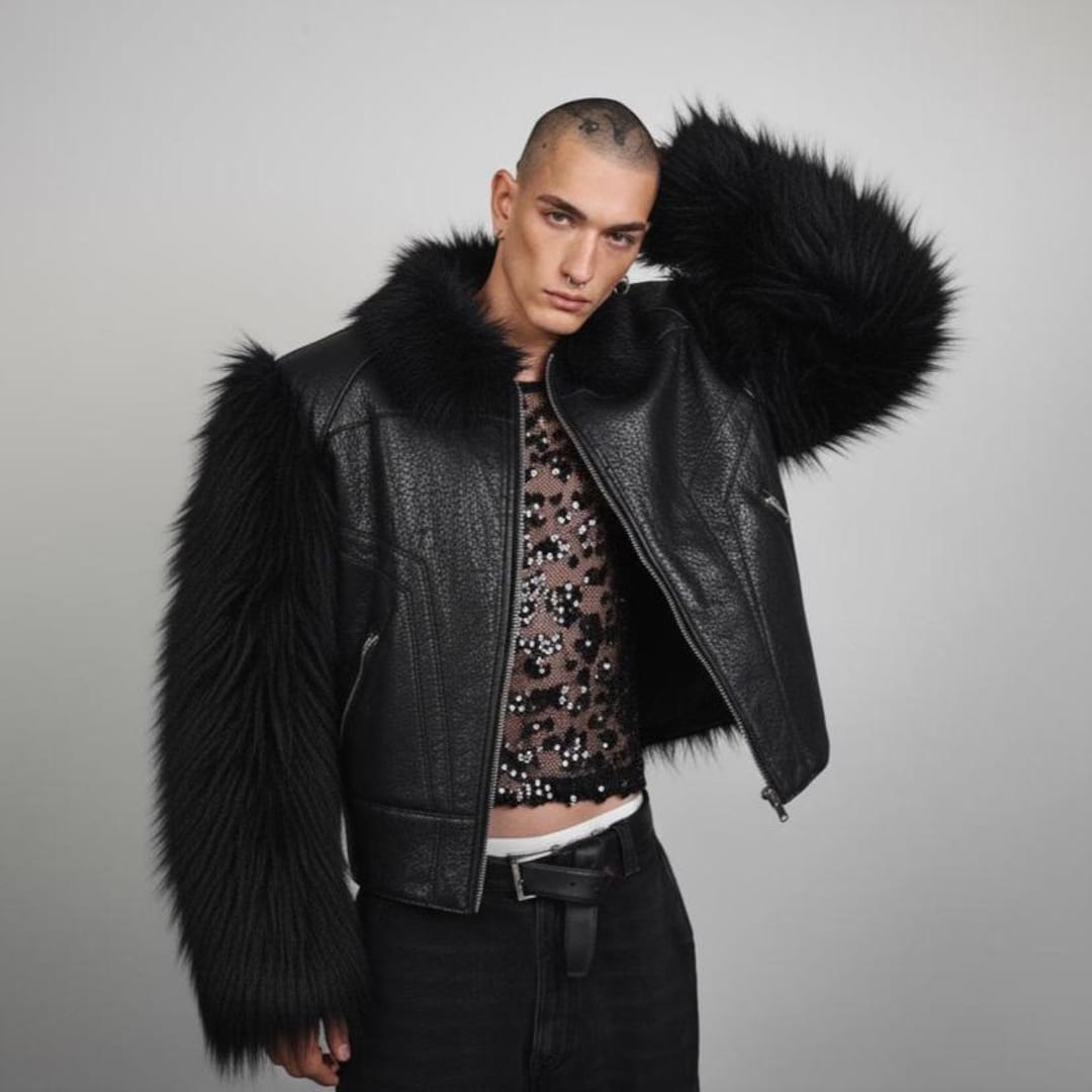Faux Fur Sleeve Faux Leather Jacket, Gothic Punk Biker Bomber