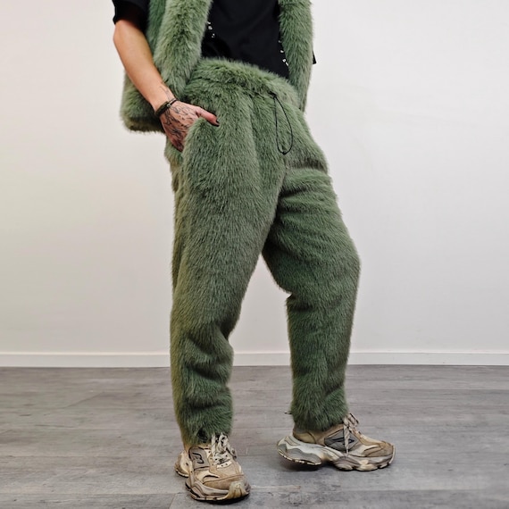 Green Faux Fur Joggers Ski Pants Shaggy Trousers Mountain Trip