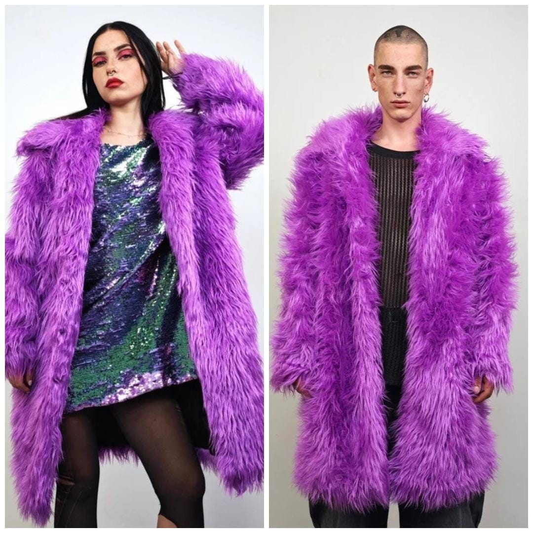 Long Faux Fur Trench, Purple Shaggy Neon Jacket, Fluffy Lilac Y2K