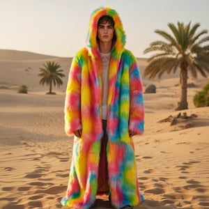 May include: A long, hooded coat in a vibrant rainbow of colours, including yellow, pink, blue, and green. The coat has a soft, faux fur texture and is worn in a desert setting. The coat is a statement piece.