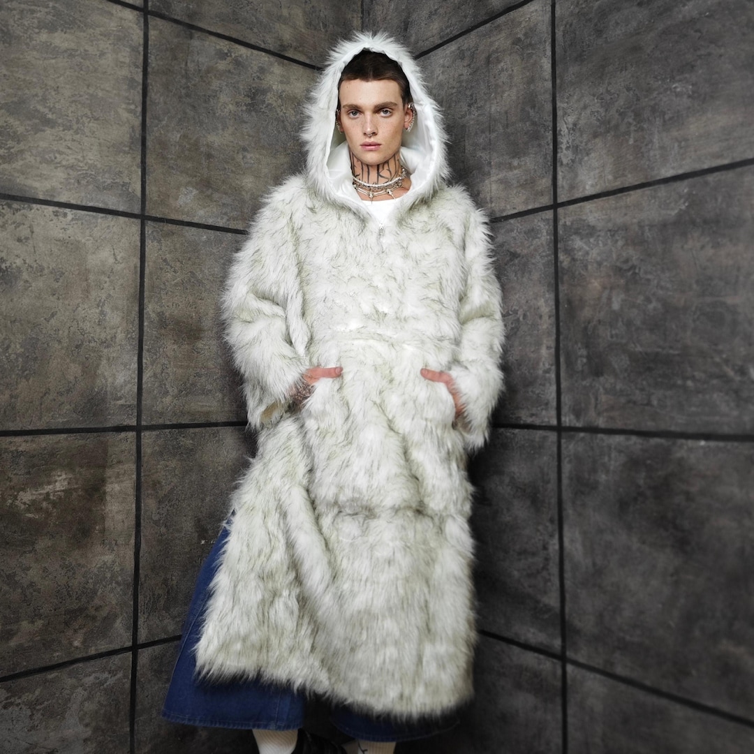 Faux Fur Anorak off White Extra Long Shaggy Yeti Parka Half-zip