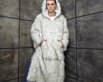 Faux Fur Anorak off White Extra Long Shaggy Yeti Parka Half-zip