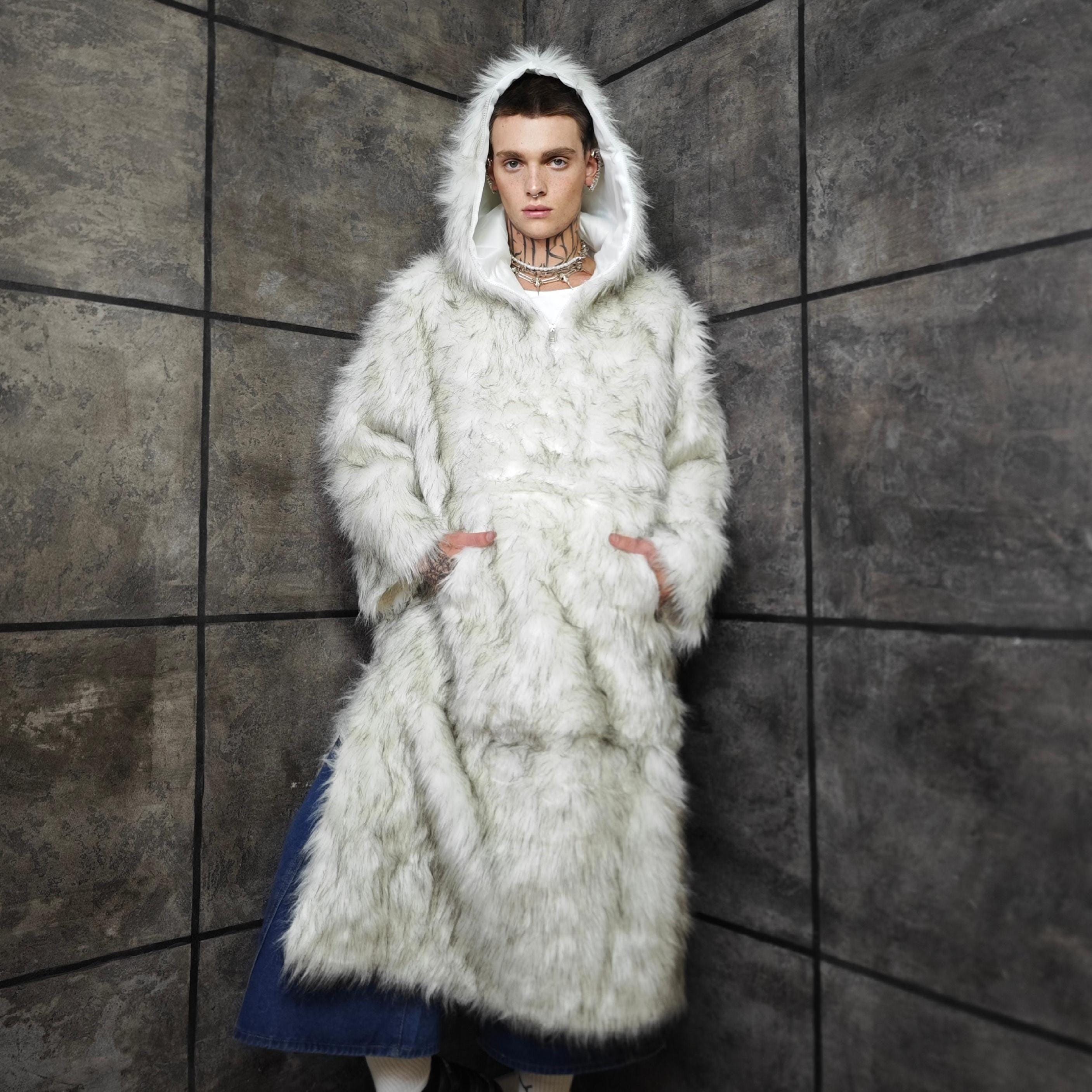 Faux Fur Anorak off White Extra Long Shaggy Yeti Parka Half-zip