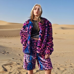 Blue Leopard Faux Fur Jacket, Neon Animal Print, Cropped Collarless Fit, 90s Grunge Look, Playa Burner Festival Wear